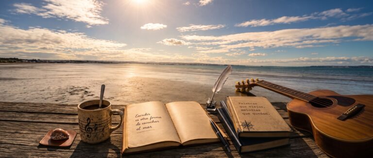 Cuaderno abierto, taza con clave de sol, pluma y guitarra sobre un muelle de madera frente al mar al atardecer